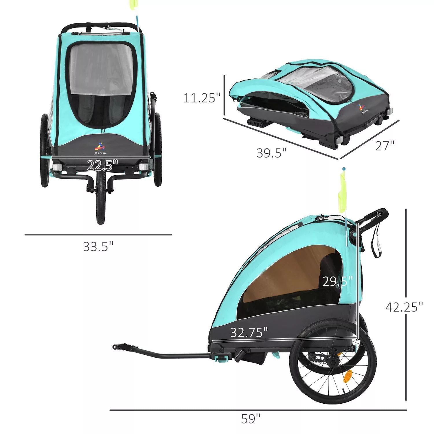 Aosom 3 in 1 children's bicycle trailer.  Foldable jogging stroller.  Baby stroller. Transport carrier with shock absorber system.  Rubber tires.  Adjustable steering wheel .  Children's bicycle trailer.  Red and gray.  Aosom