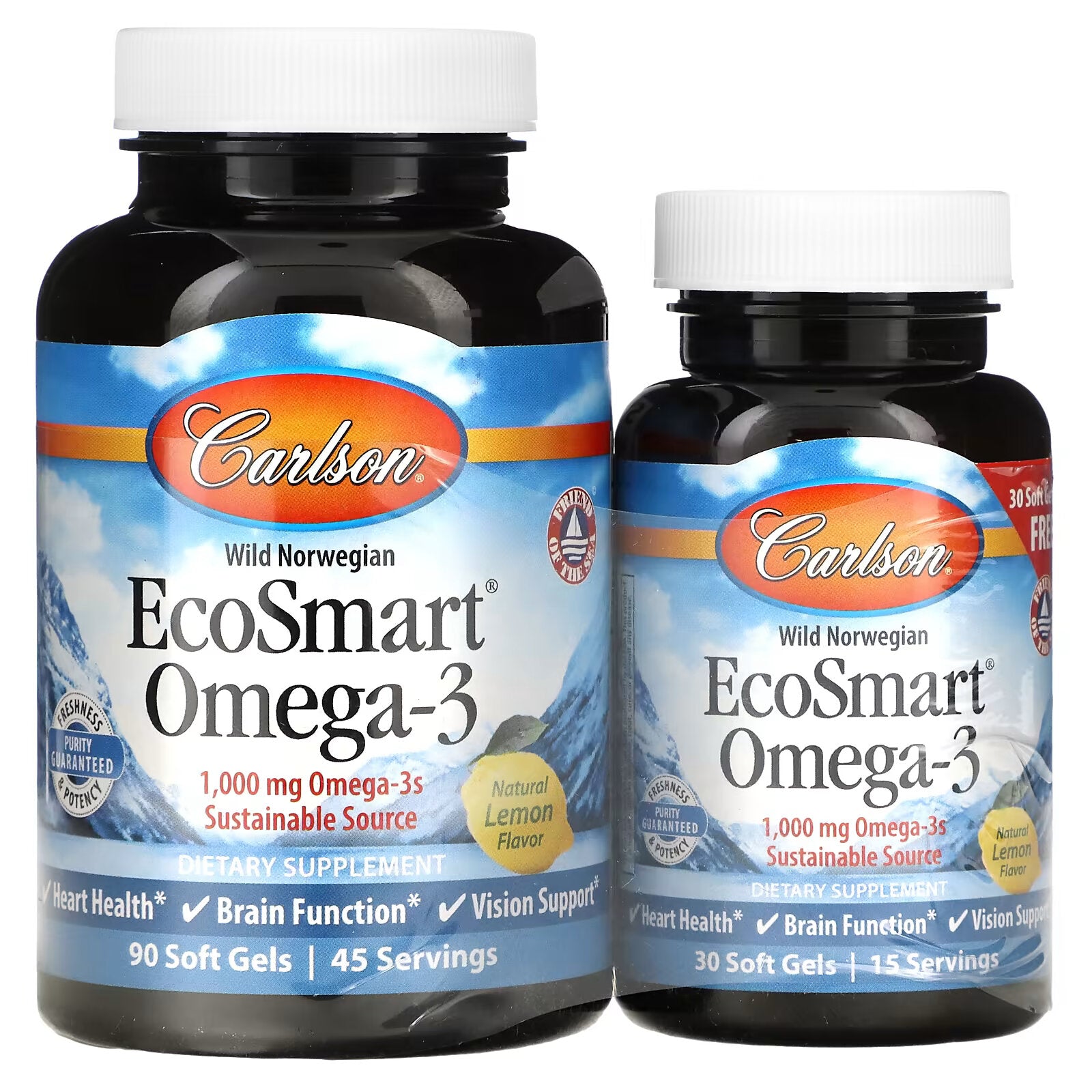 Carlson, EcoSmart Omega-3, Natural Lemon Flavor, 1000 mg, 90 + 30 Softgels