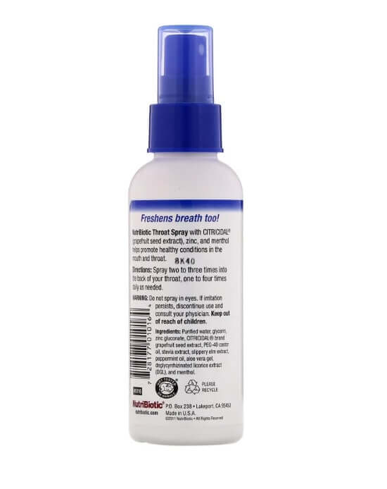 Throat spray with grapefruit seed extract, zinc and menthol, 118 ml, NutriBiotic