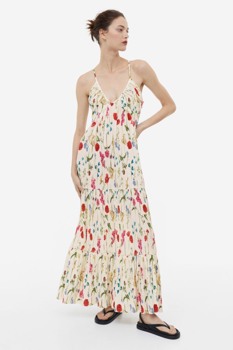 H&M pleated maxi dress, cream/floral