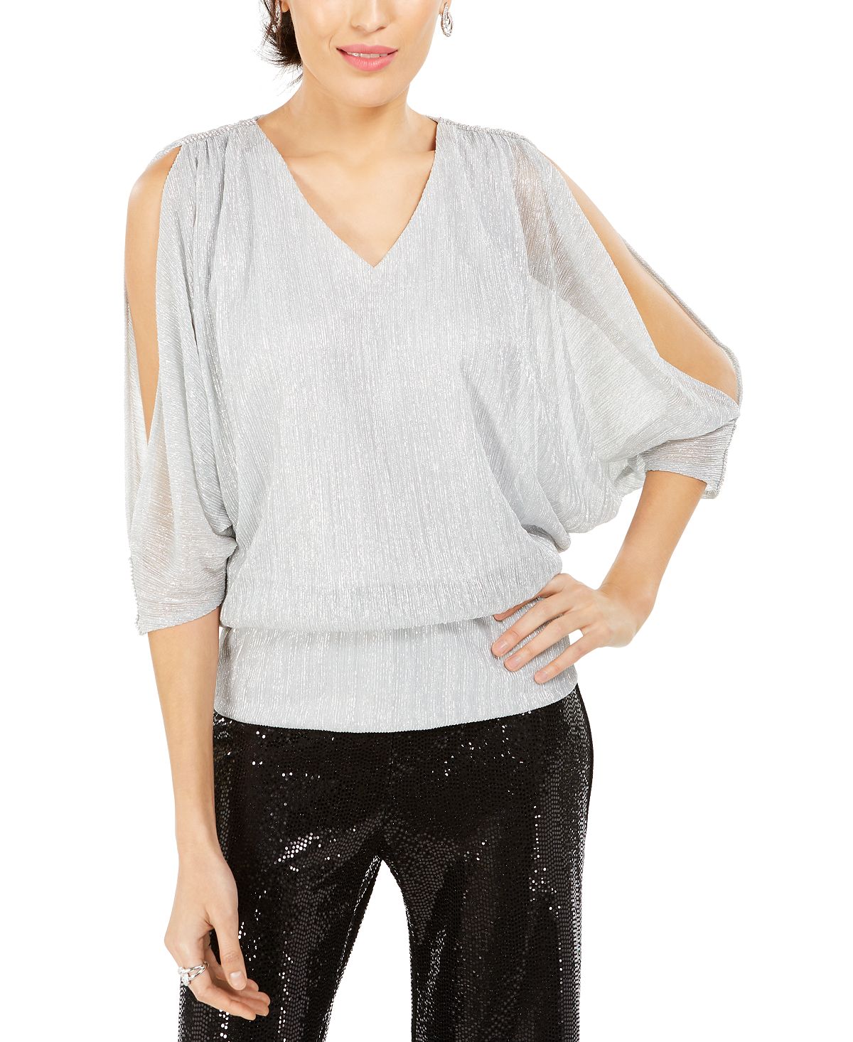 Metallic blouse with split sleeves MSK, silver