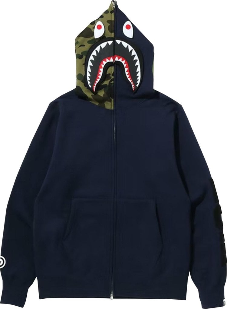 هودي بسحاب كامل وطبعة سمكة قرش قابلة للفصل من BAPE باللون الأزرق الداكن