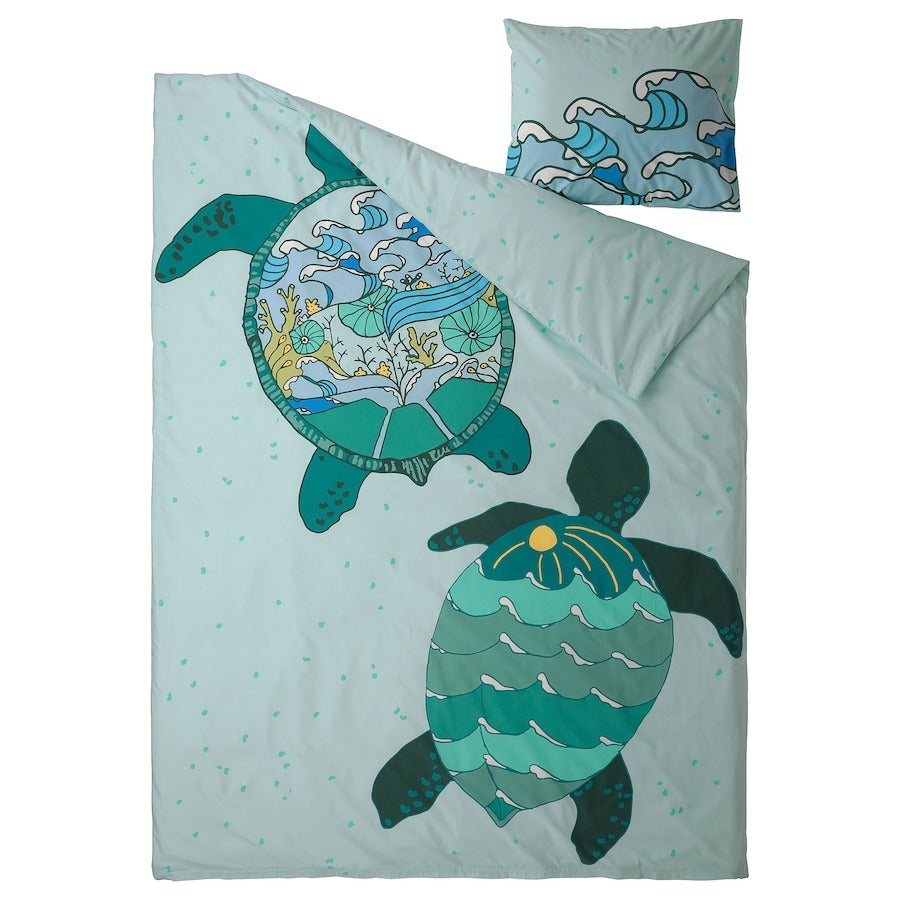 Bed linen Ikea Blavingad Duvet Cover And Pillowcase Turtle Pattern, 150x200/50x60 cm, turquoise