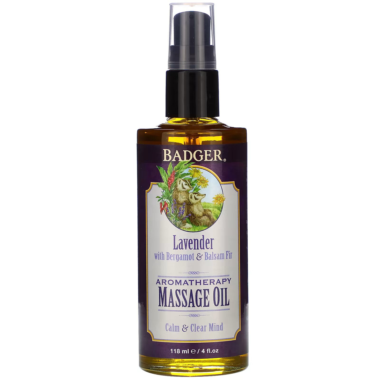 Badger Company, Aromatherapy Massage Oil, Lavender with Bergamot and Balsam Fir, 4 fl oz (118 ml)