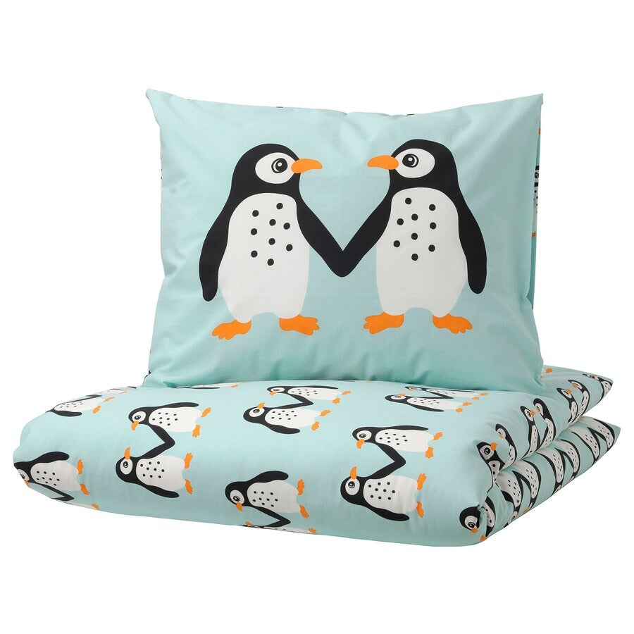 Bed linen Ikea Blavingad Duvet Cover And Pillowcase Penguin Pattern, 150x200/50x60 cm, turquoise