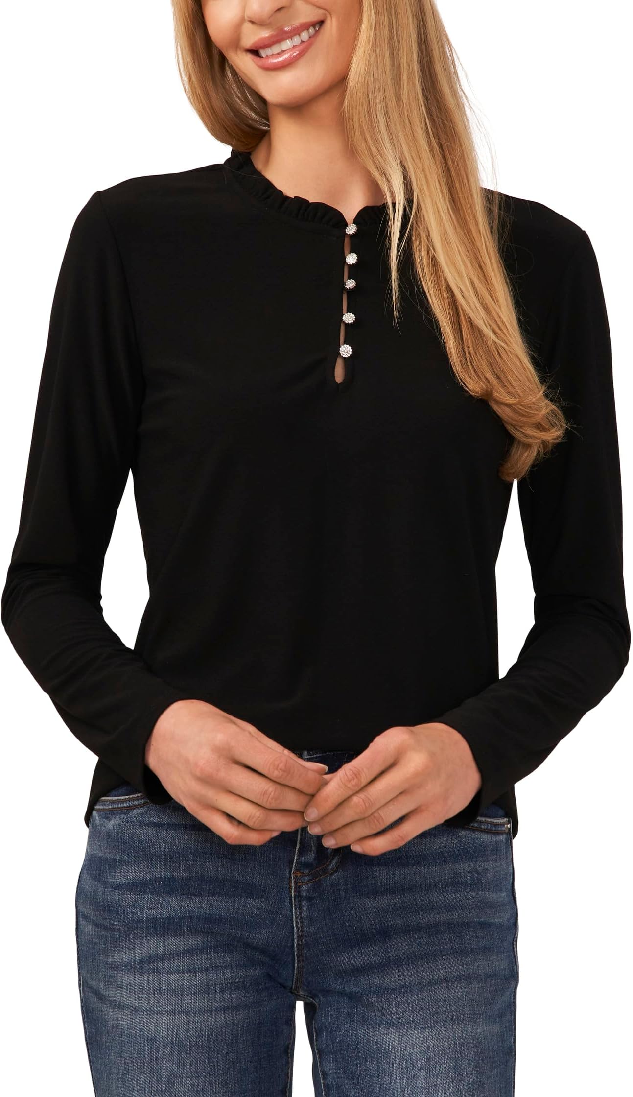 Knitted blouse with long sleeves and half placket CeCe, color Rich Black