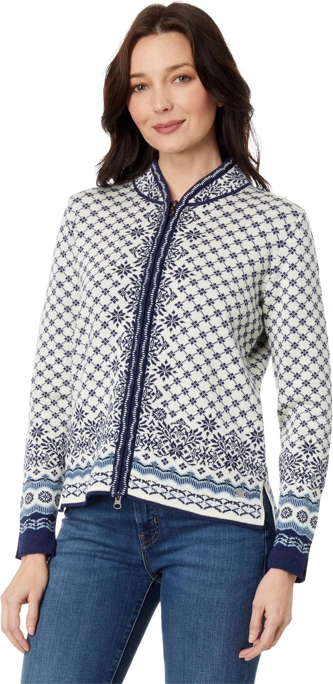 Solfrid Feminine Jacket Dale of Norway Sweater, Off-White/Electric Storm/Navy/Ice Blue