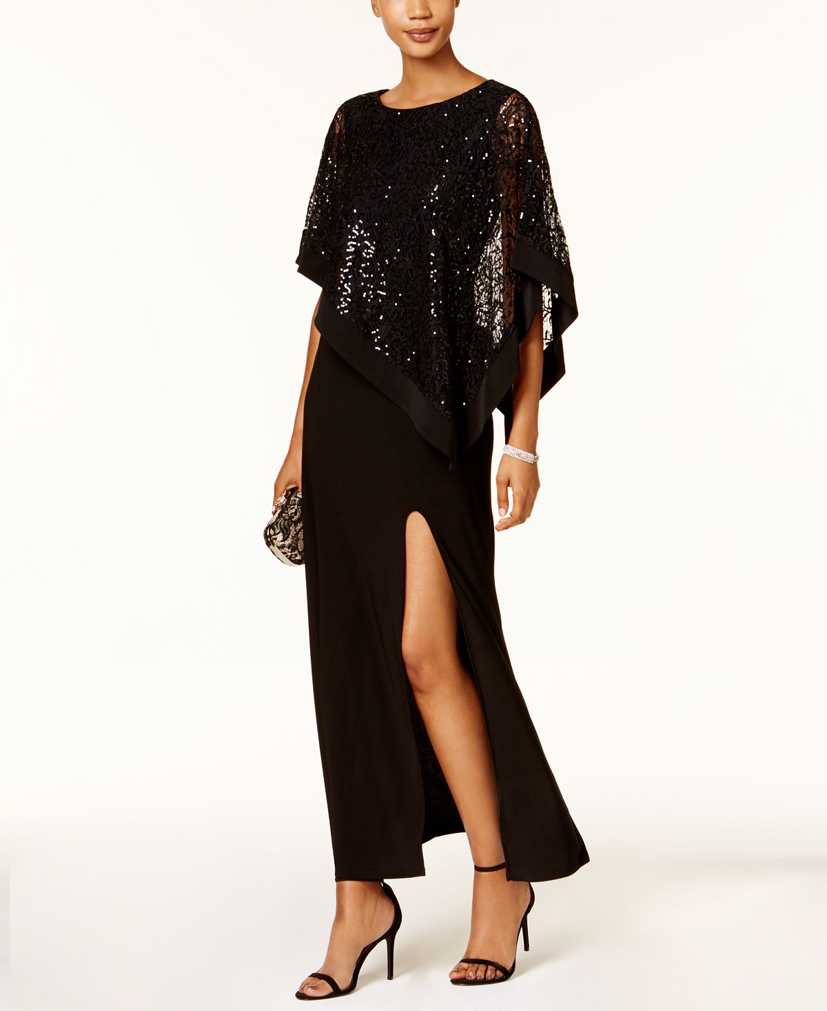 R&M Richards Sequined Lace Cape Dress, Black