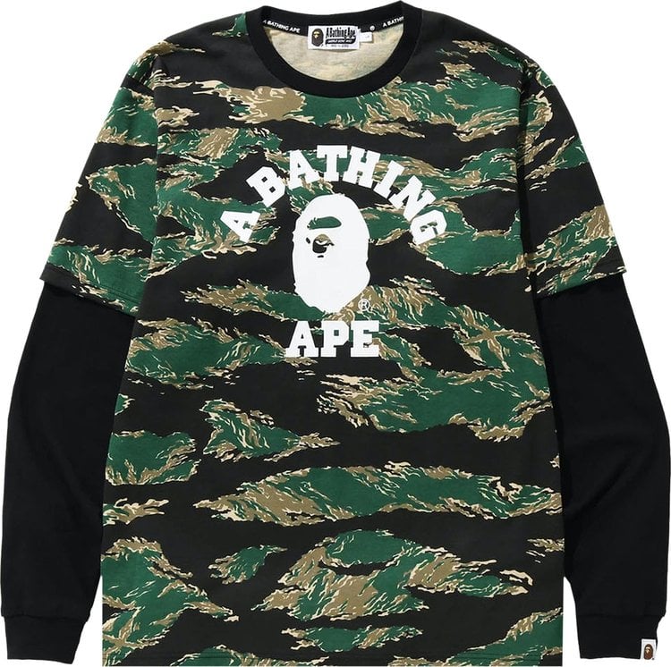 تي شيرت BAPE Tiger Camo College Layered بأكمام طويلة باللون الأخضر