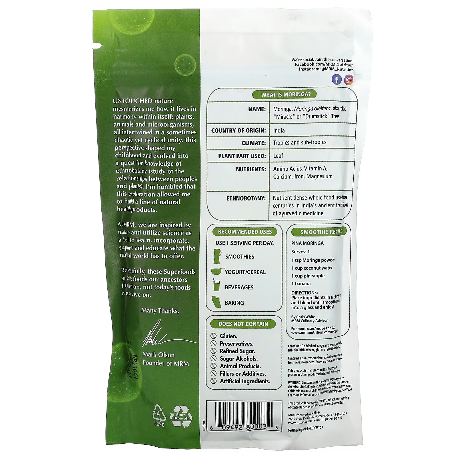 MRM Nutrition Organic Moringa Powder, 240 g