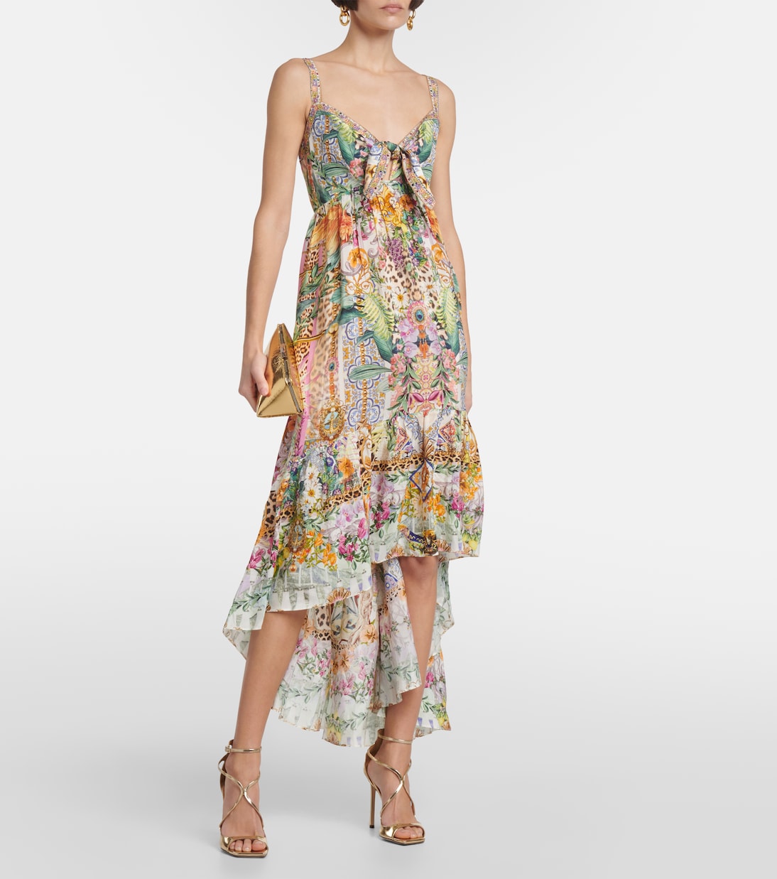 Silk midi dress with asymmetrical Camilla print, multicolor