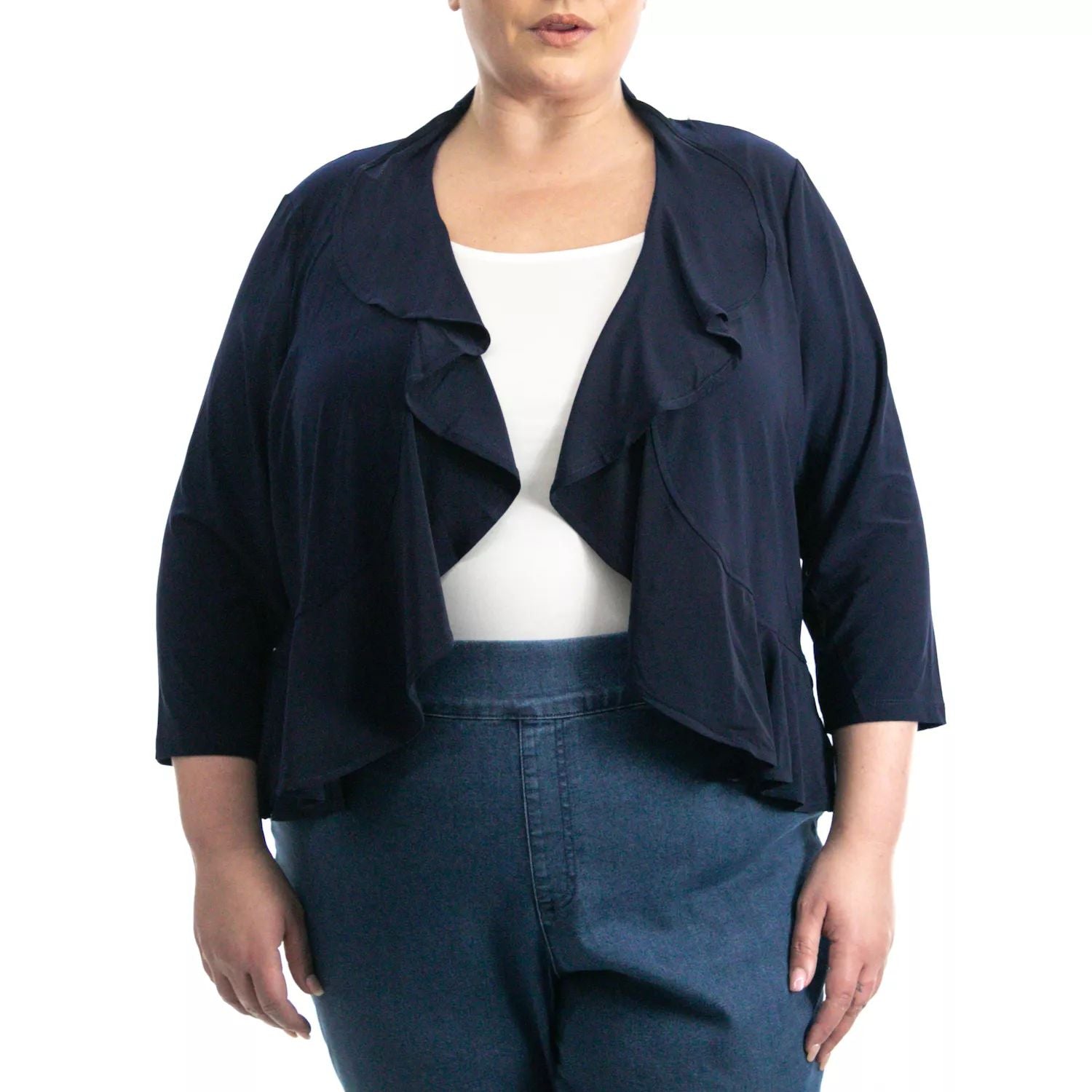 Large size bolero cardigan Nina Leonard with imitation pearls on the back Nina Leonard dark blue