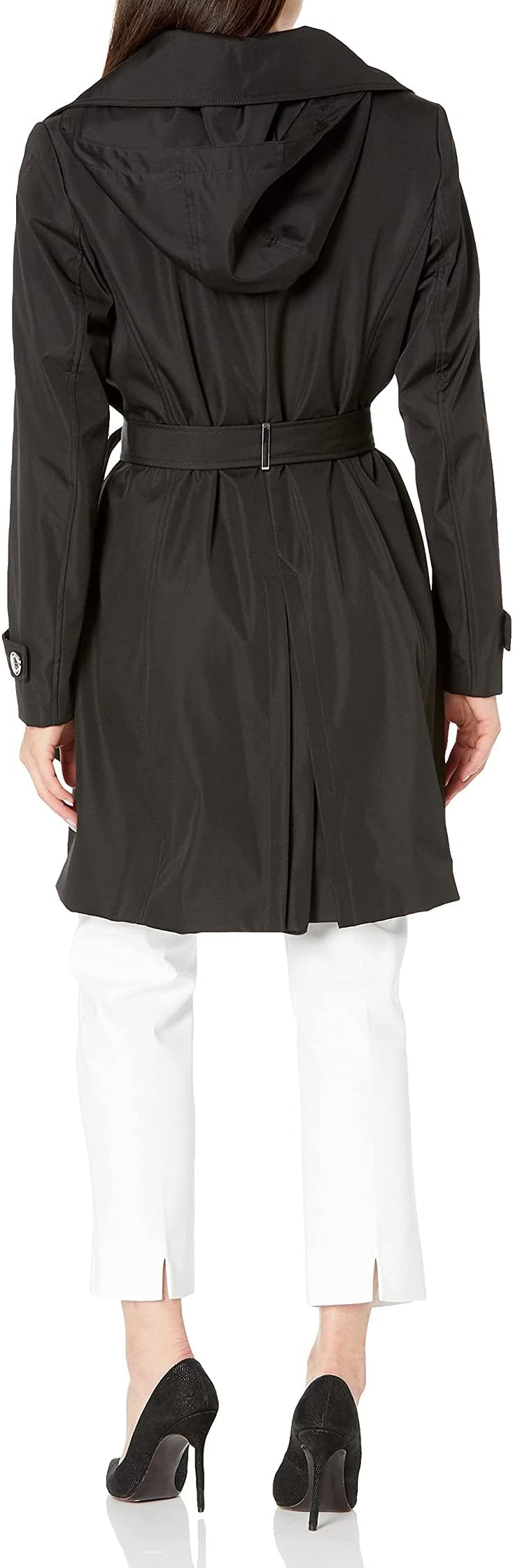 Calvin Klein Women's Single Breasted Raincoat with Belt and Detachable Hood, Black