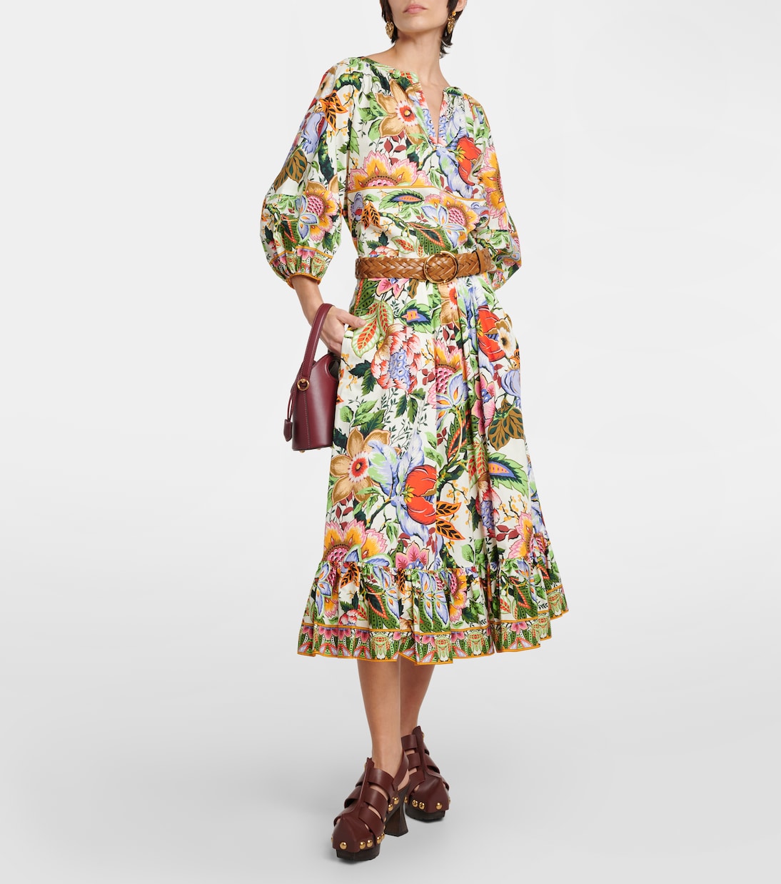 High-waisted cotton midi skirt with Etro floral print, multicolor