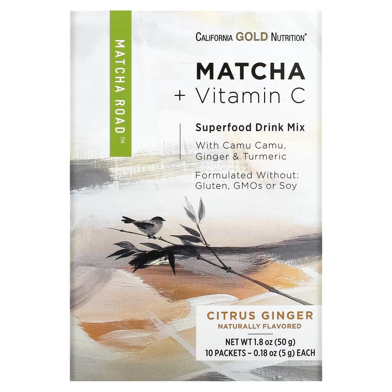 Matcha with Vitamin C California Gold Nutrition, Citrus/Ginger, 10 Flaps