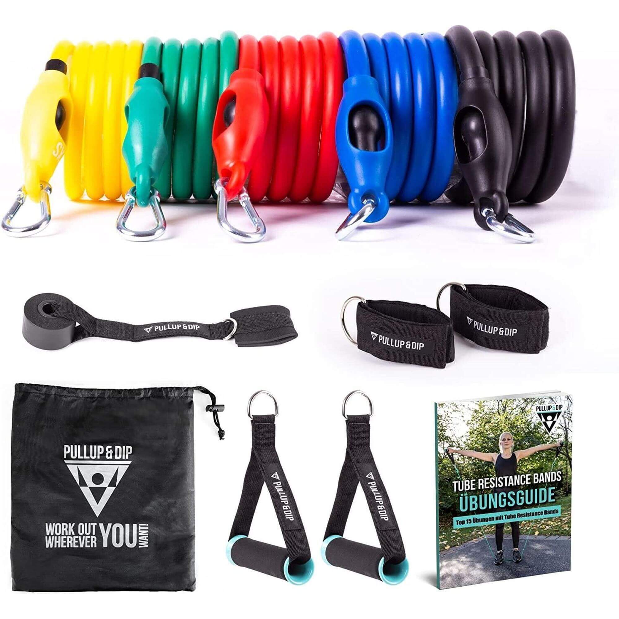 Set of 5 Resistance Bands with Handles, Door Anchor leg straps and sports bag PULLUP & DIP, colorful