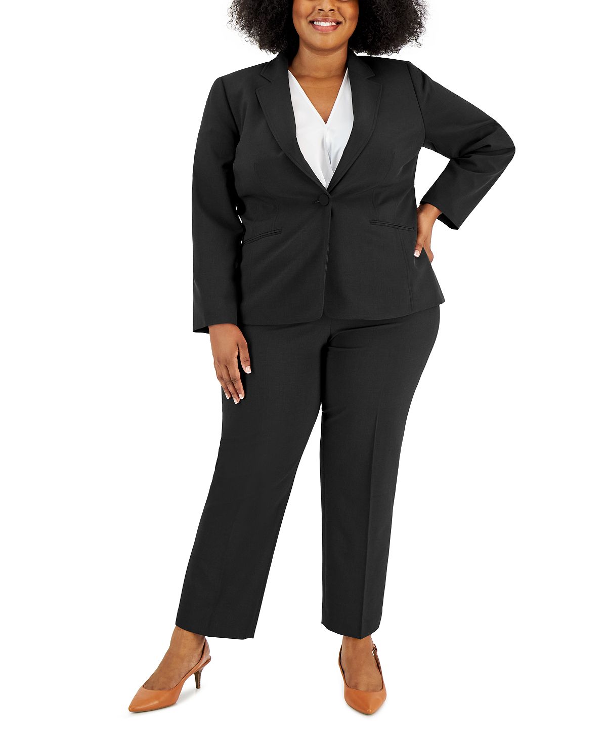 Le Suit Women's Notched Lapel Blazer Pantsuit Black