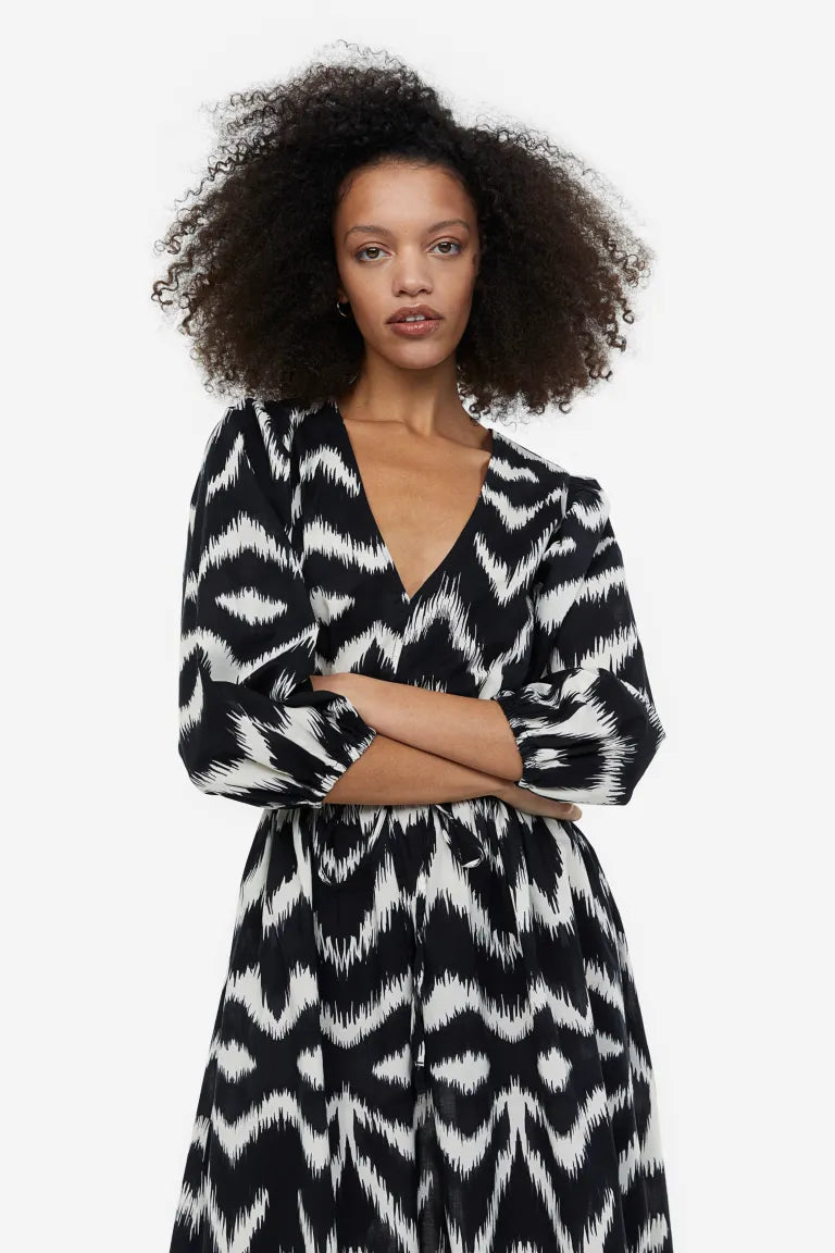 H&M cotton dress with puff sleeves, black/patterned