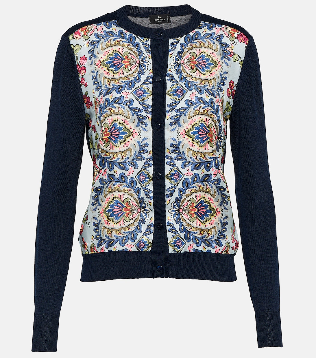 Silk-cotton cardigan with ETRO print, blue