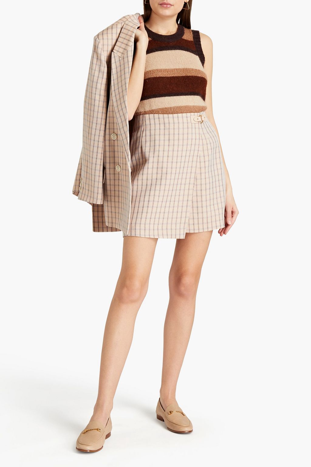 Meredith Checked Twill Mini Skirt with SANDRO Wrap, Neutral