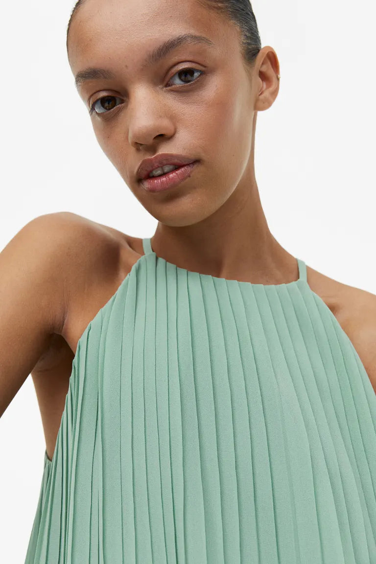 H&M pleated chiffon dress, light green