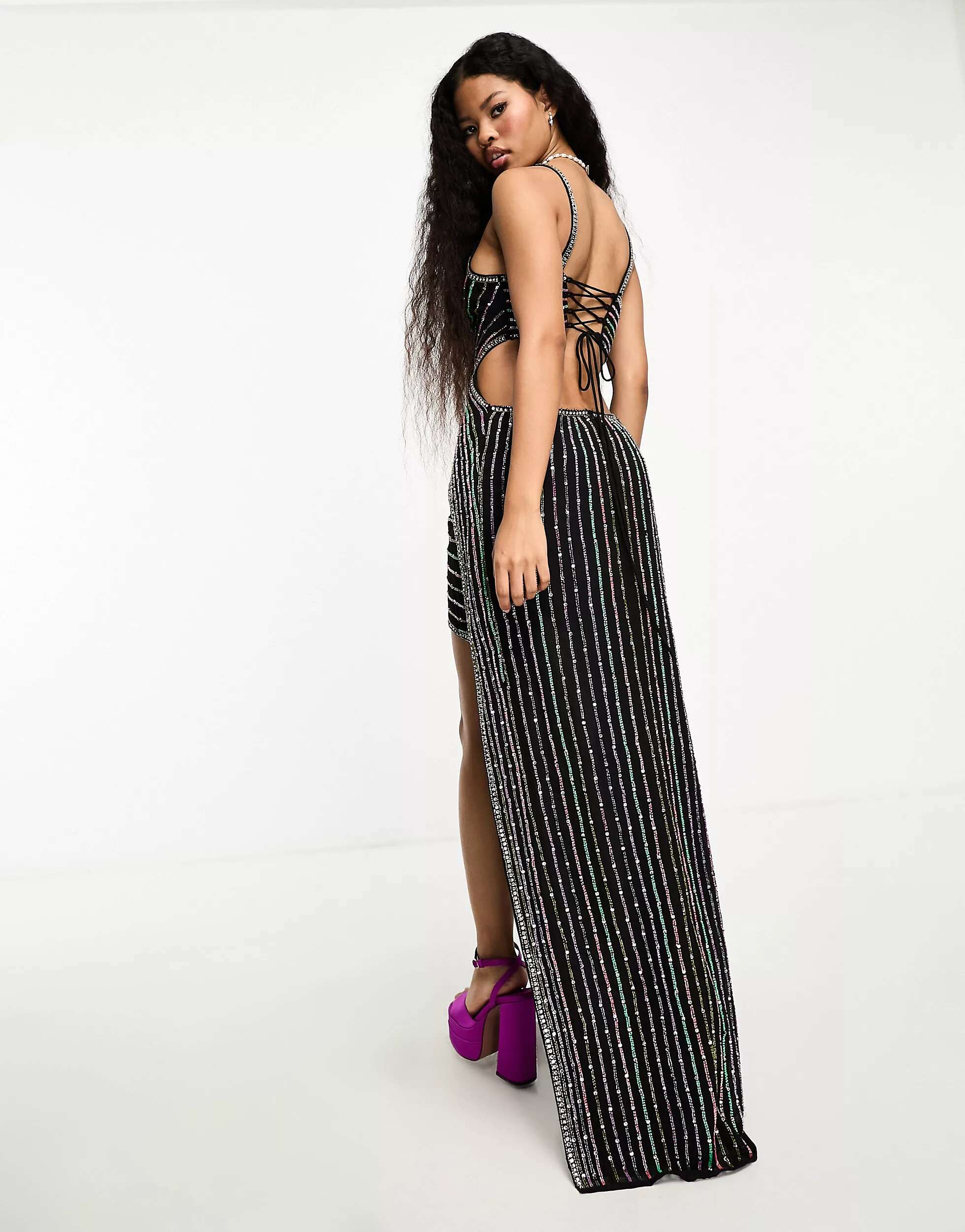 ASOS DESIGN Petite Strap Maxi Dress With Jewels In Black