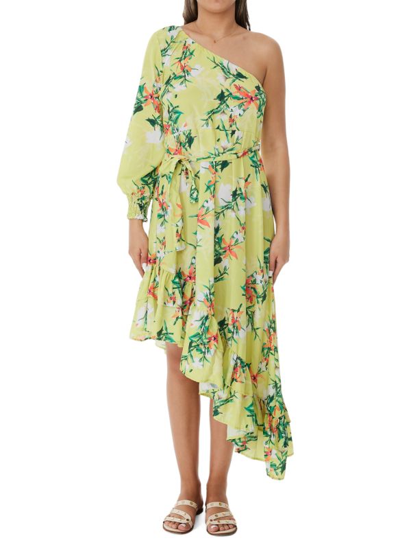 Ranee's Lime green asymmetrical one-shoulder floral dress