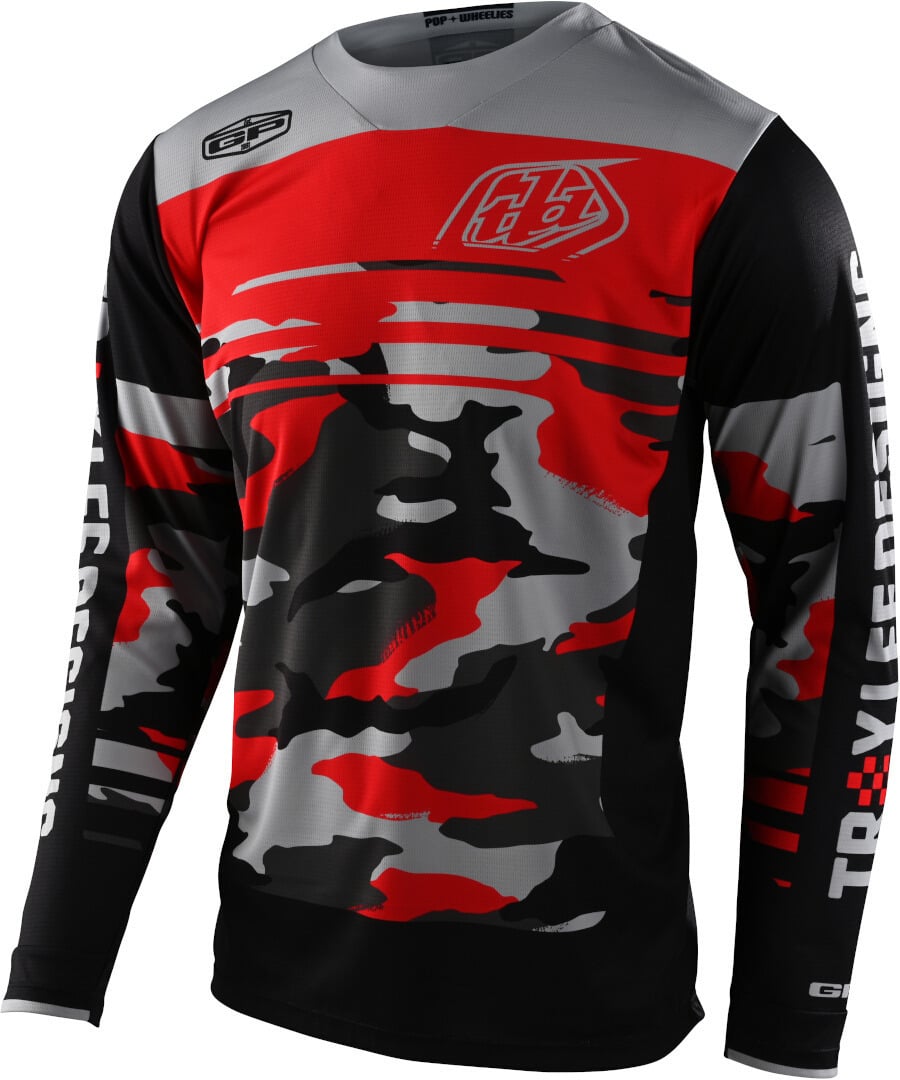 قميص Troy Lee Designs GP Formula Camo Motocross، باللون الأسود/الرمادي/الأحمر