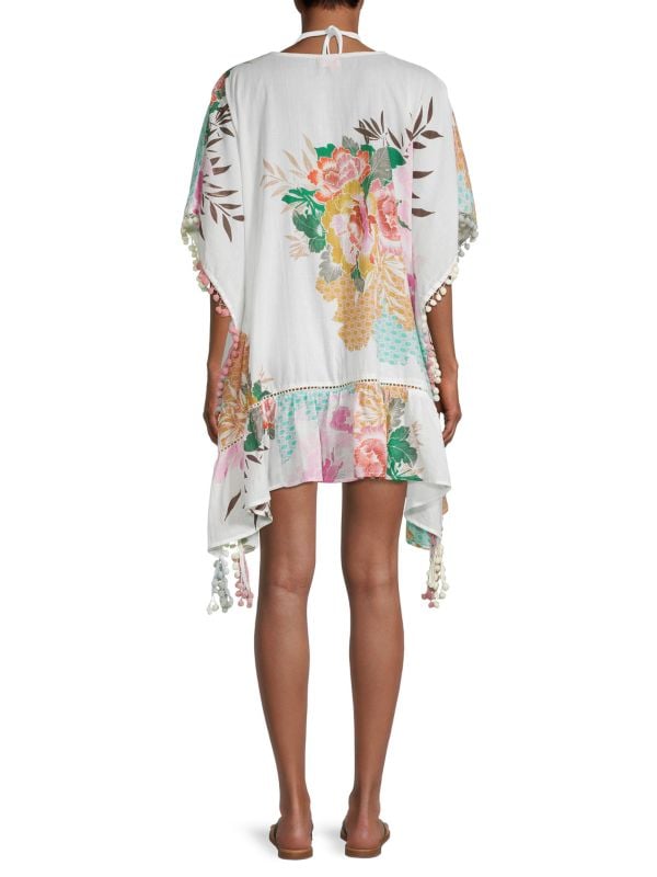 Ranee's White Floral Pom Pom Kaftan Cape