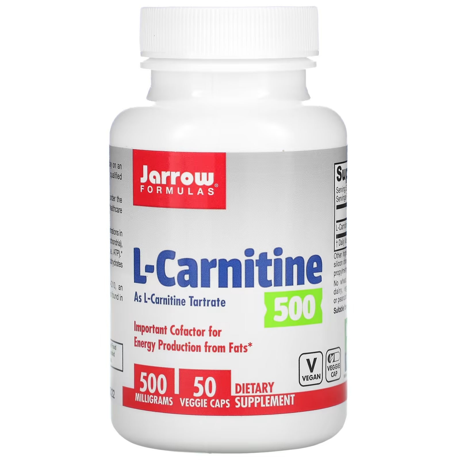 Jarrow Formulas L-Carnitine, 500, 500 mg, 50 Vegetarian Capsules