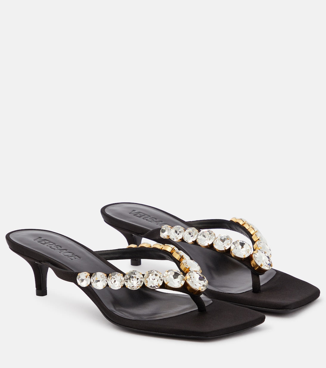 High summer sandals with satin straps and Versace decor, black