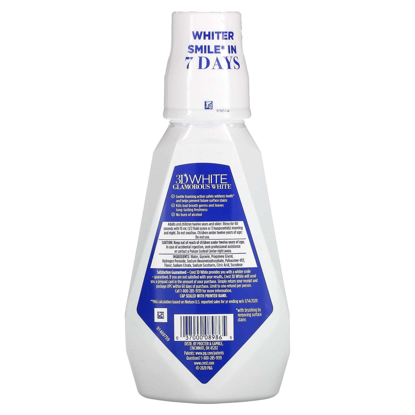 3D White, All-Purpose Whitening Mouthwash, Glamorous White, Arctic Mint, 16 fl oz (473 ml) Crest