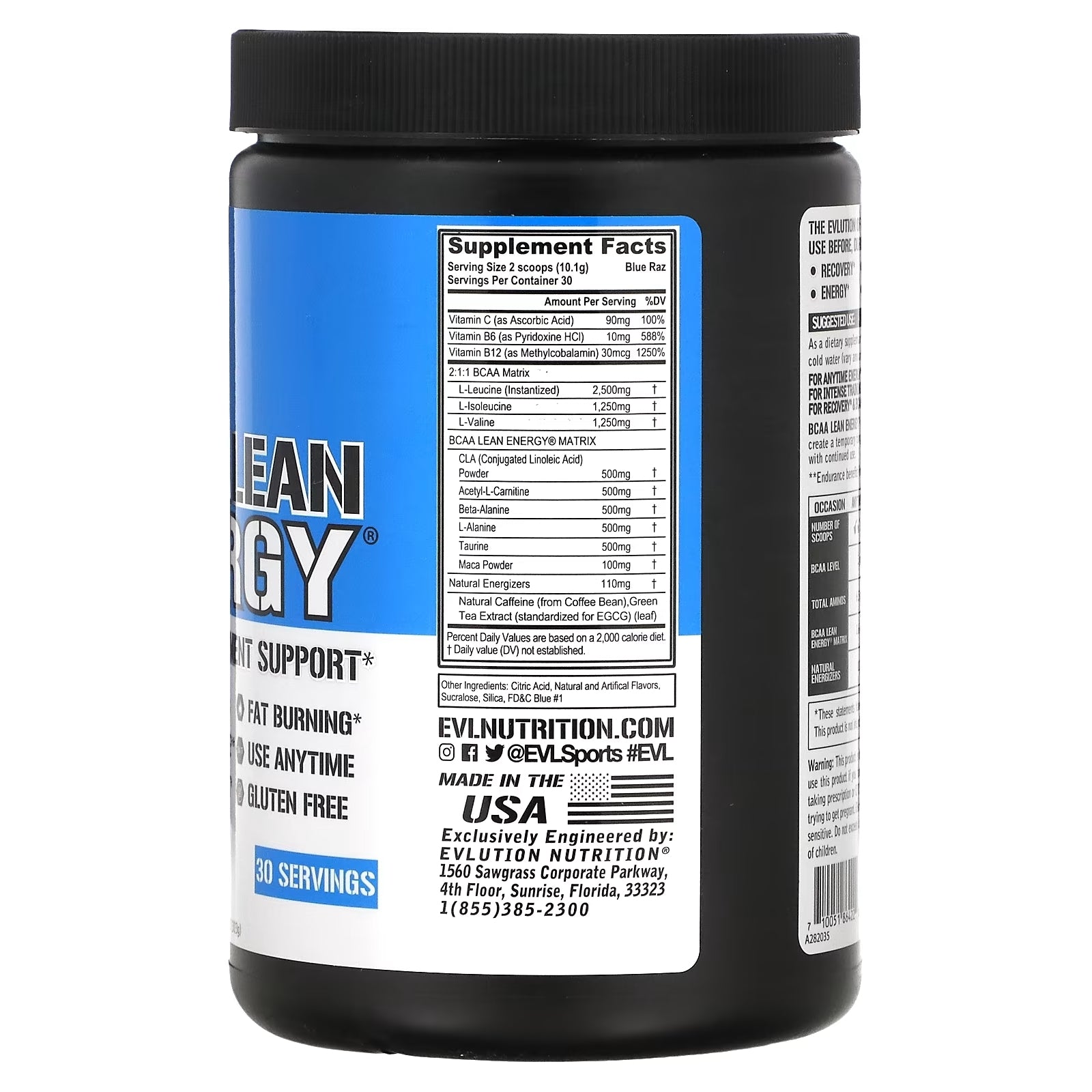 EVLution Nutrition BCAA Lean Energy dietary supplement with blue raspberry flavor