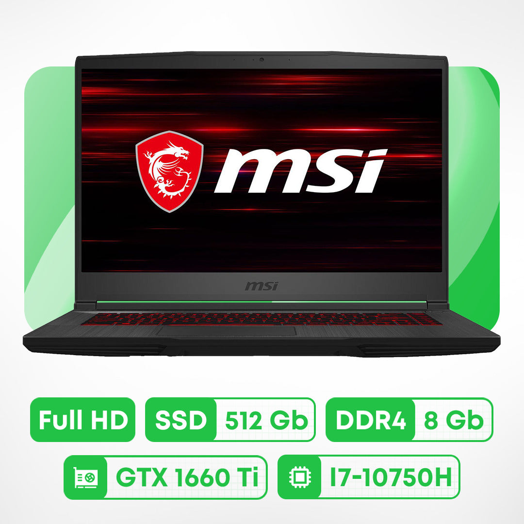 كمبيوتر محمول للألعاب MSI GF65 Thin مقاس 15.6 بوصة، 8 جيجابايت/512 جيجابايت، أسود، لوحة مفاتيح إنجليزية