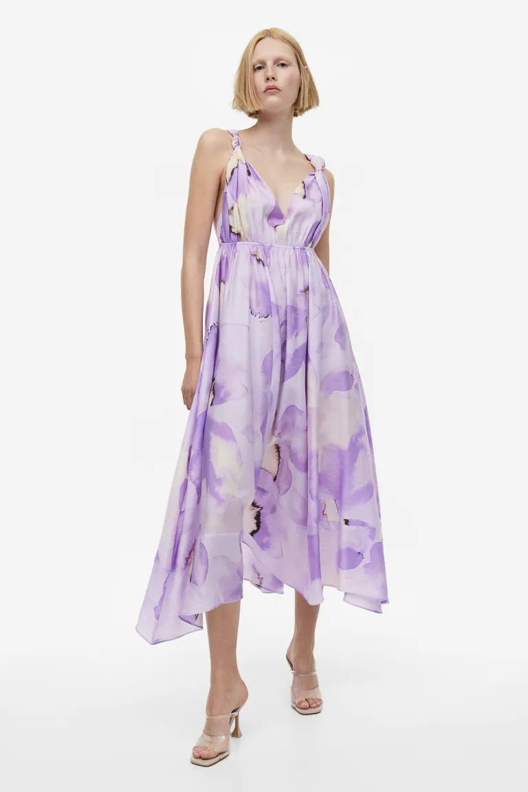 H&M Lyocell Blend Midi Dress, Light Purple/Floral