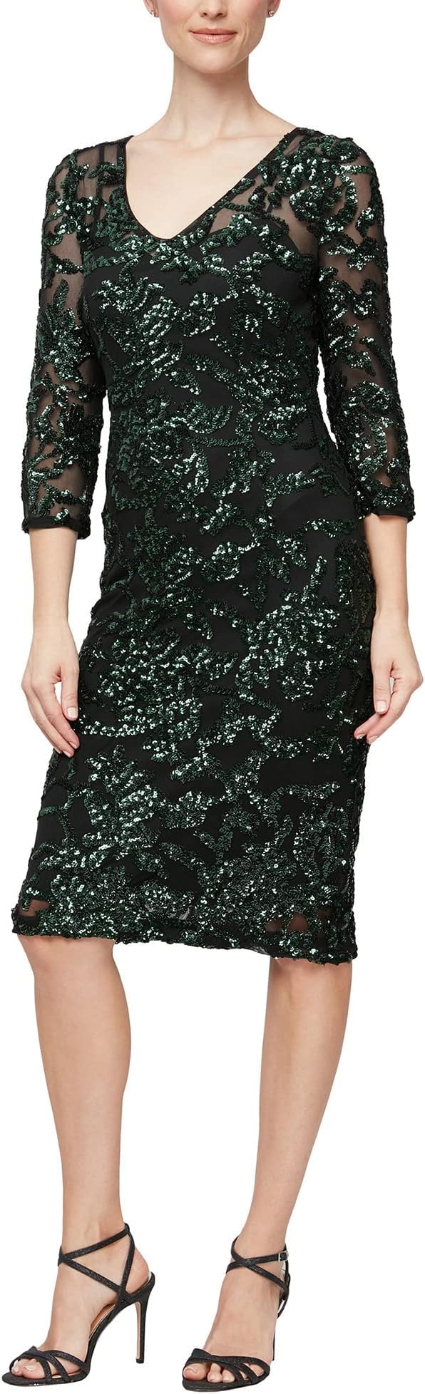 Short sheath dress with V-neck Illusion neckline and 3/4 sleeves Alex Evenings, Black/Green