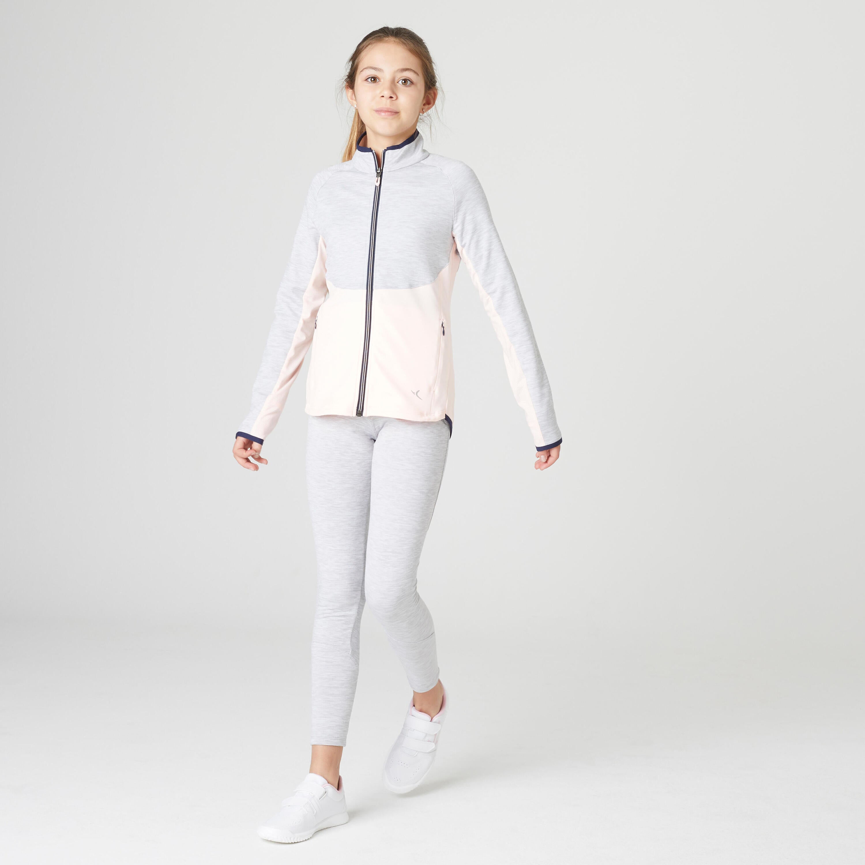 Tracksuit S500 kids heather gray/pink DOMYOS light grey/neon pastel salmon