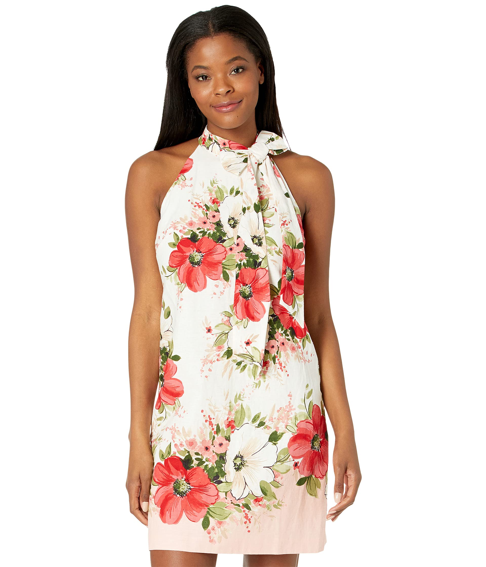 Vince Camuto Dress, Printed Linen Bow Neck Shift