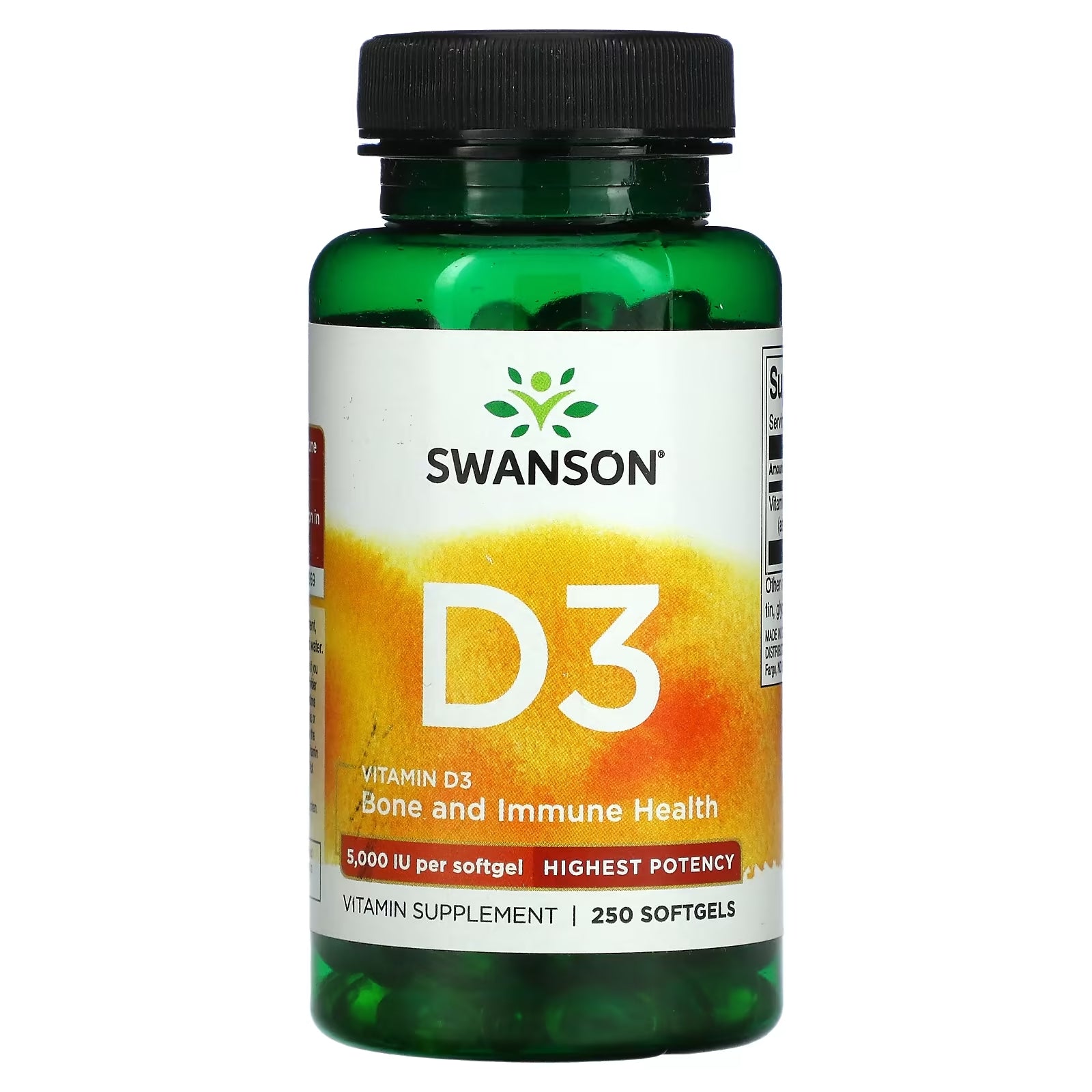 Swanson Vitamin D3 Health & Immune Support Highest Potency 5000 IU, 250 Softgels