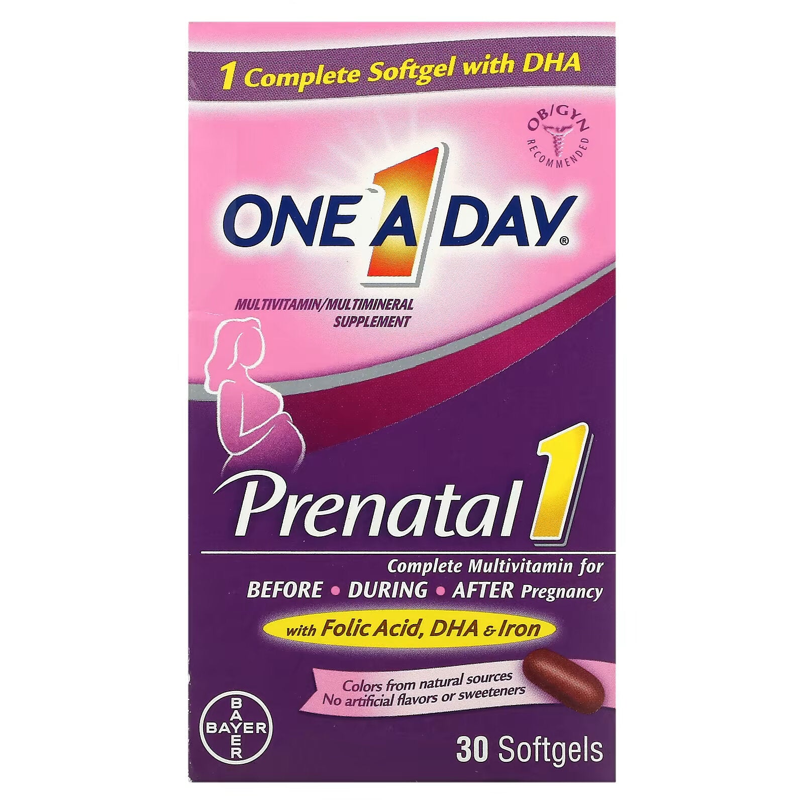 One-A-Day, Prenatal 1 with Folic Acid, DHA and Iron Multivitamin/Multimineral Supplement, 30 Softgels