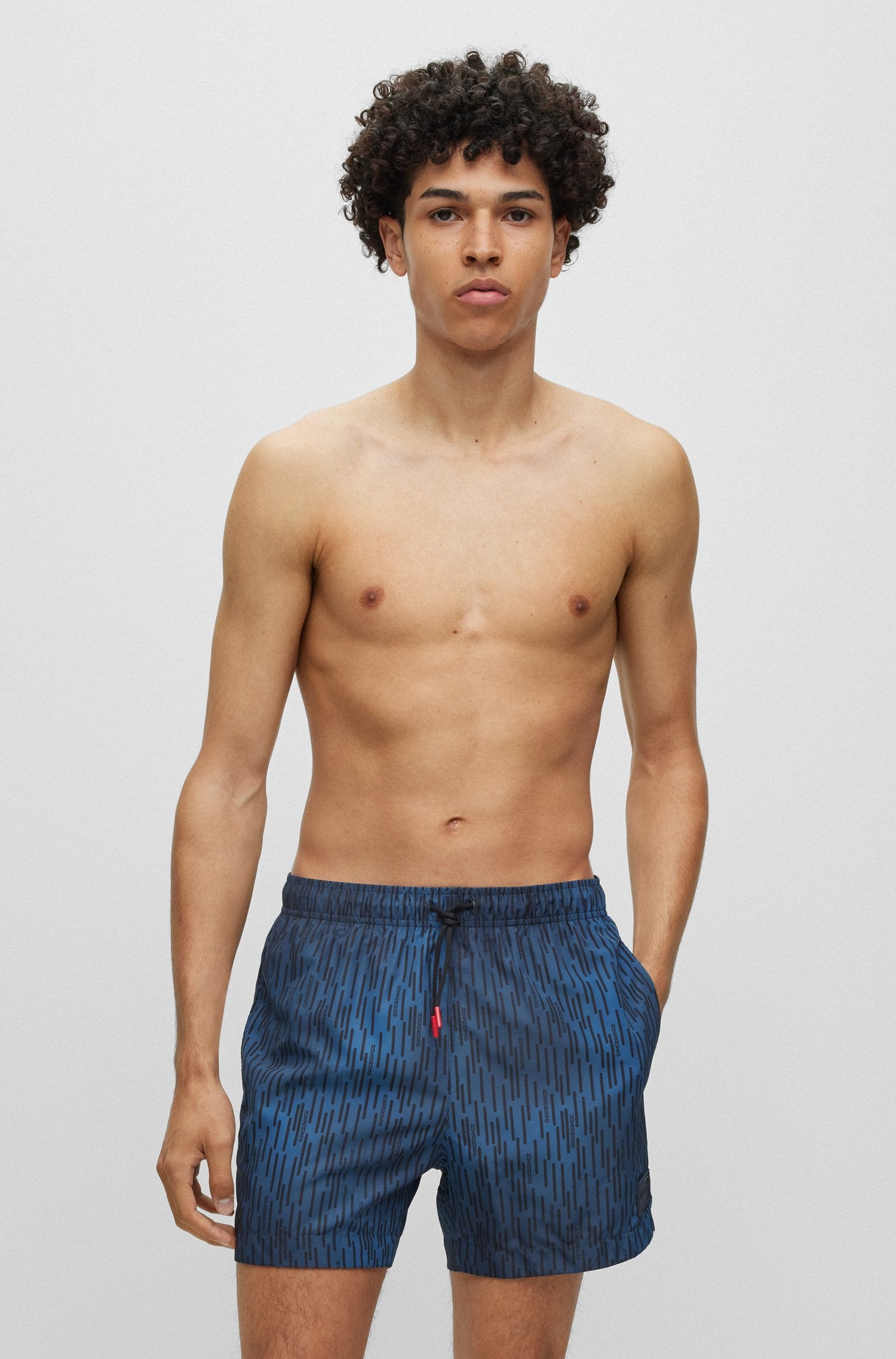 Hugo Quick-drying Recycled-fabric Swim Shorts With Signature Print, navy