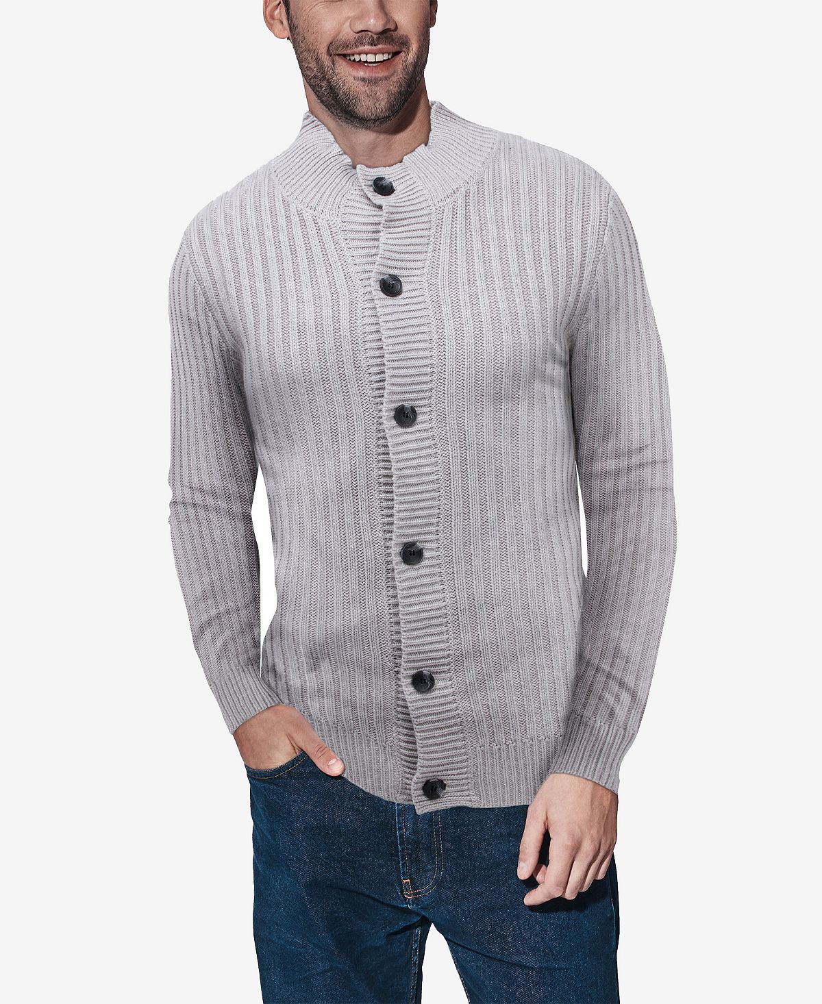 X-Ray Men's Rib Knit Cardigan with Stand Collar Button Down