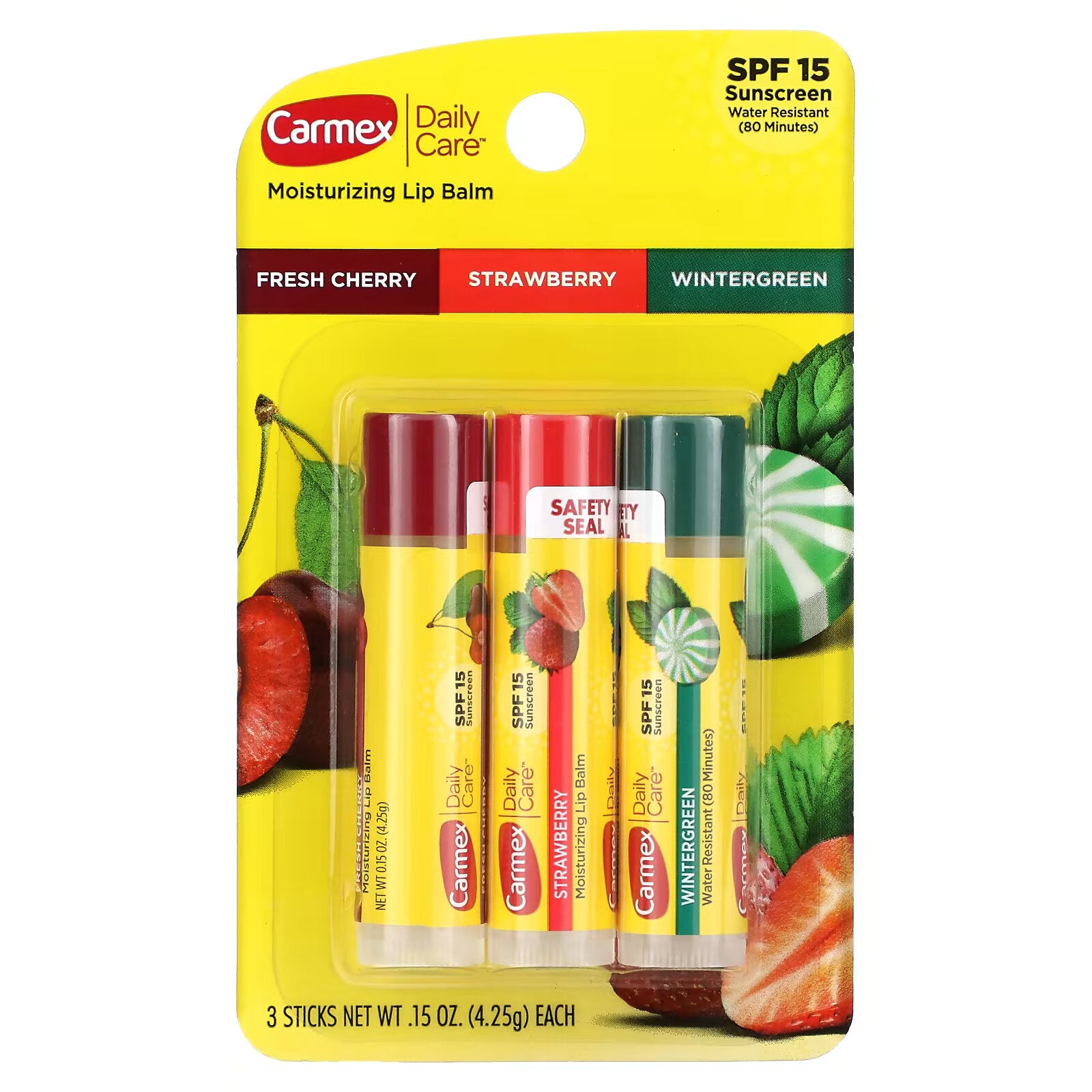 Carmex, Daily Lip Balm, SPF 15, Assorted, 3 Packs, 4.25 g Each