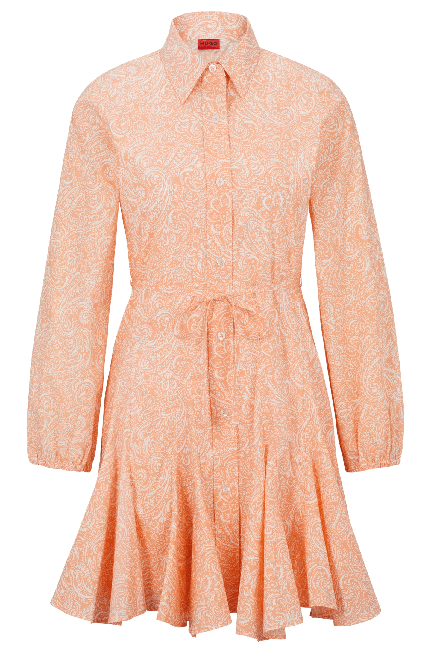 Hugo Long-sleeved Shirt In Paisley-print Cotton Dress, peach/white