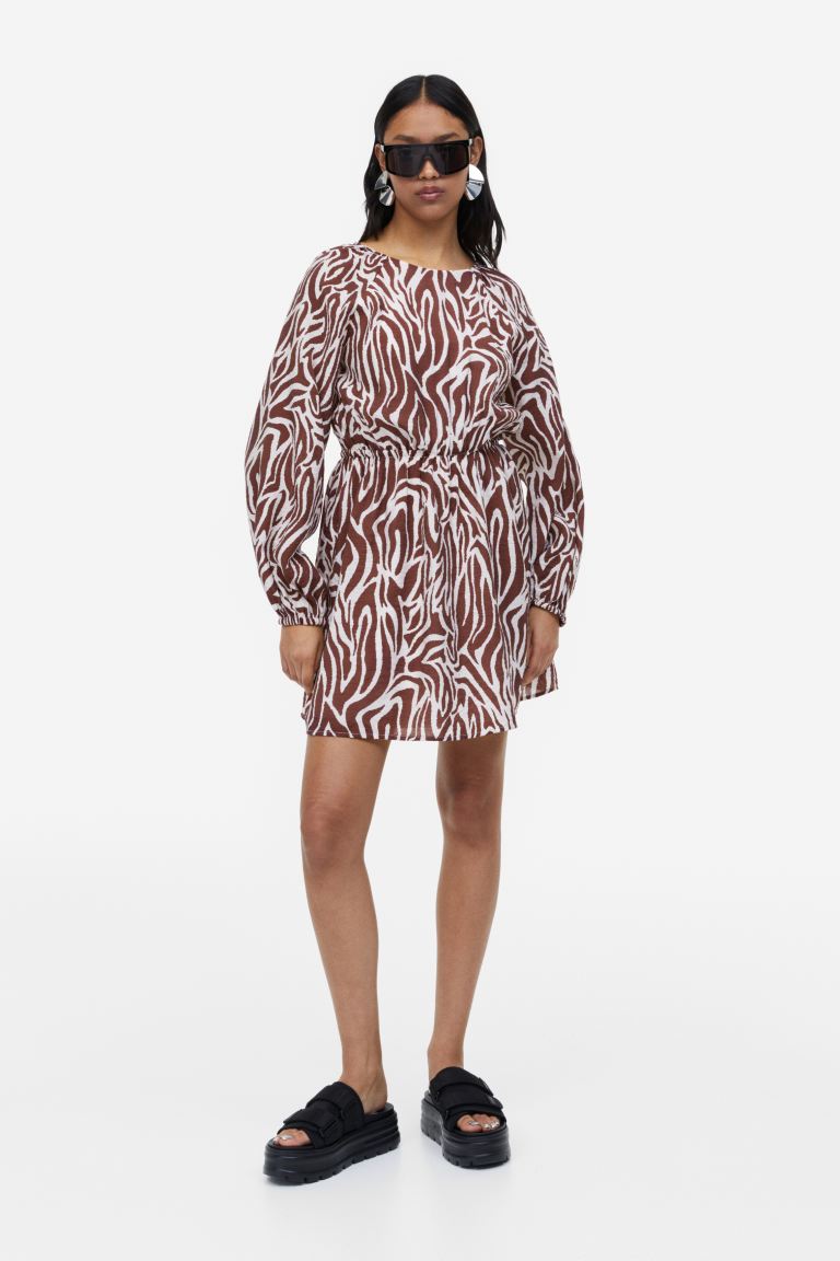 H&M Puff Sleeve Open Back Dress, Dark Brown/Zebra