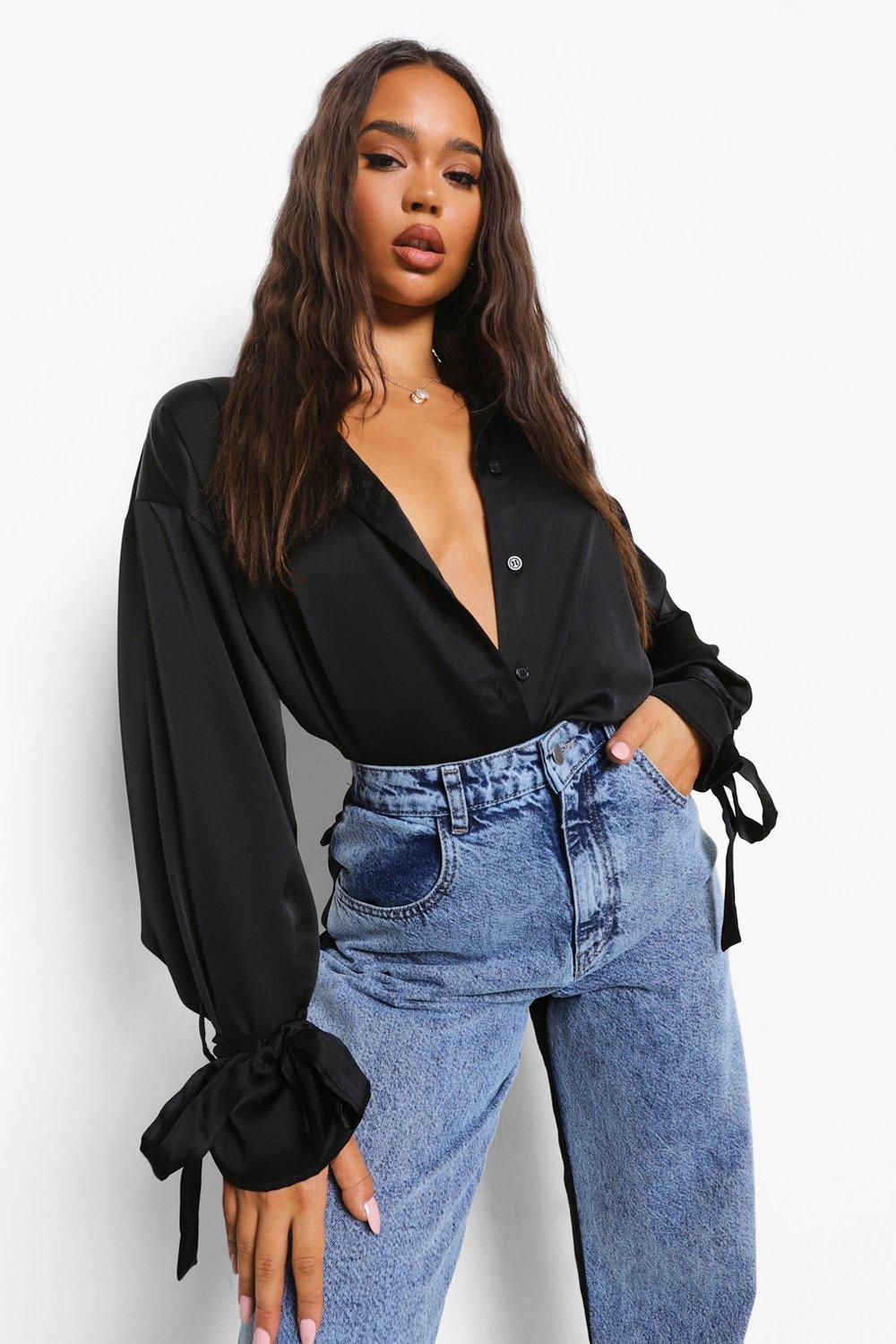 Boohoo Oversized Satin Tie Cuff Shirt, Black