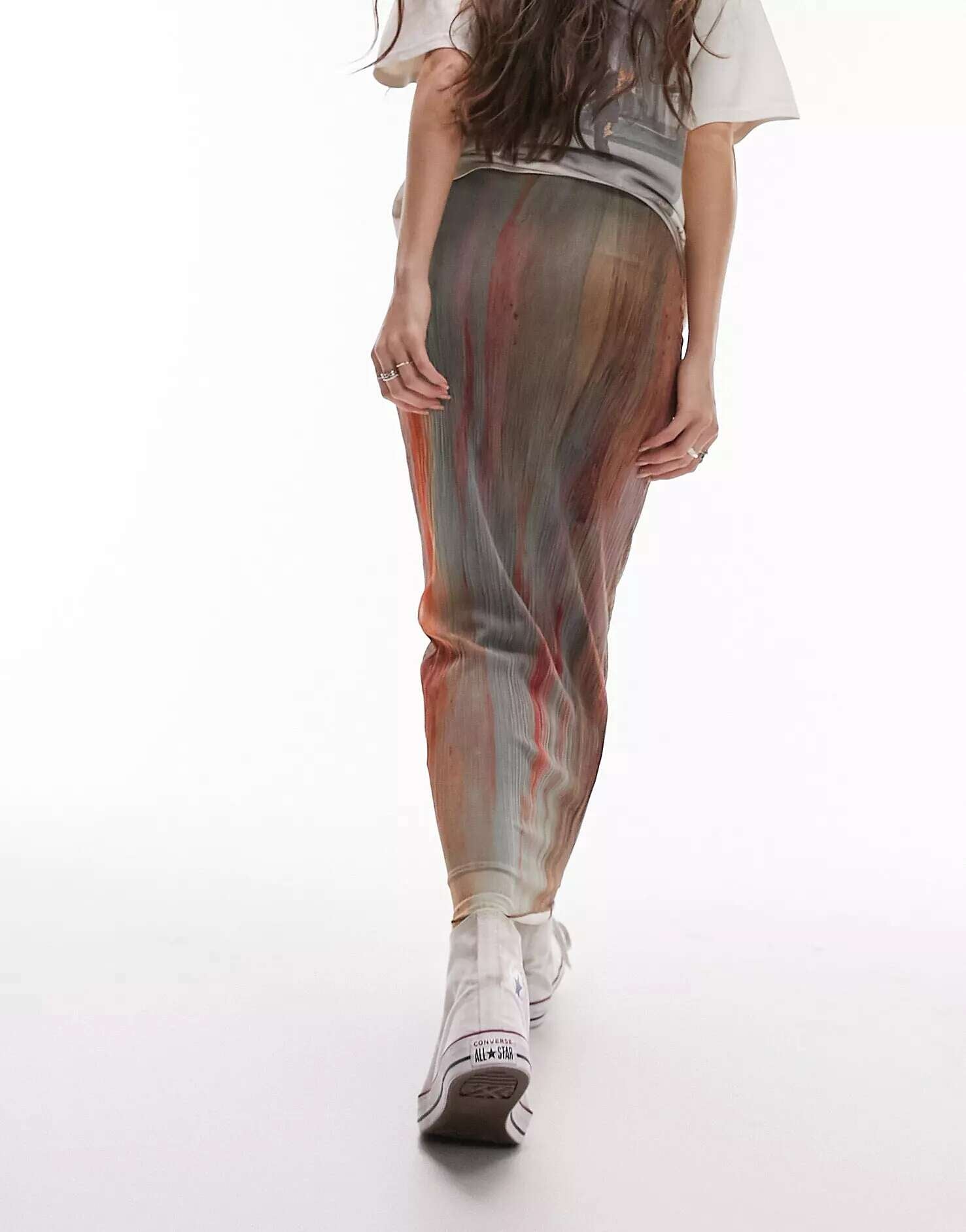 Topshop Multicolor Blurred Watercolor Pleated Midi Skirt