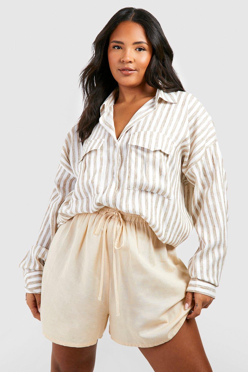 Boohoo Oversized Plus Size Linen Striped Shirt, Gray