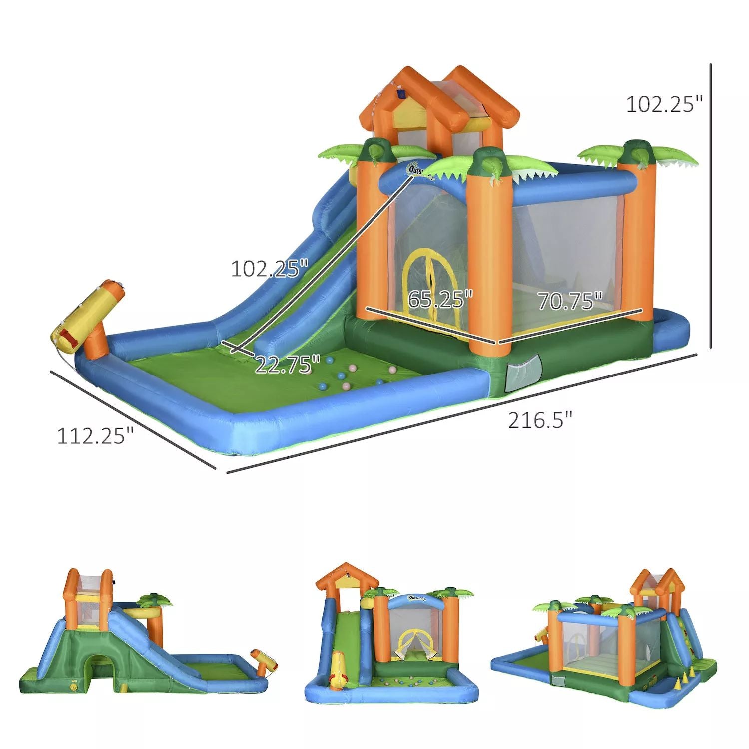 [T] Outsunny 5-in-1 Inflatable Water Slide, Kids Bouncing House summer themed jumping castle, set includes slide, trampoline, pool water gun, climbing wall with carrying bag repair patches and power blower