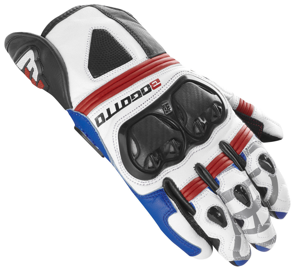 Bogotto Grand Champ Motorcycle Gloves with Short Cuffs, White/Red/Blue